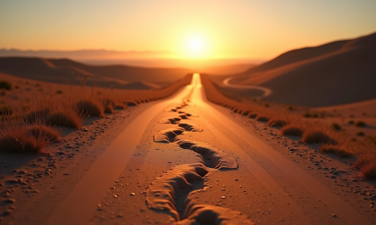 A winding road leading towards a distant horizon, with footprints side-by-side, symbolizing a journey taken together against opposition., photorealistic, 8k, highly detailed, cinematic lighting