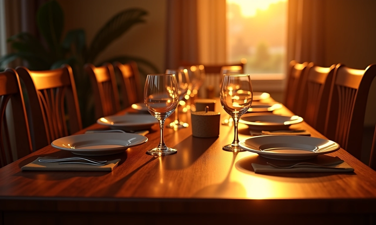 A mahogany dining table with empty chairs, bathed in warm, inviting light suggesting a family gathering. Focus on the textures of the wood and the arrangement of place settings., photorealistic, 8k, highly detailed, cinematic lighting