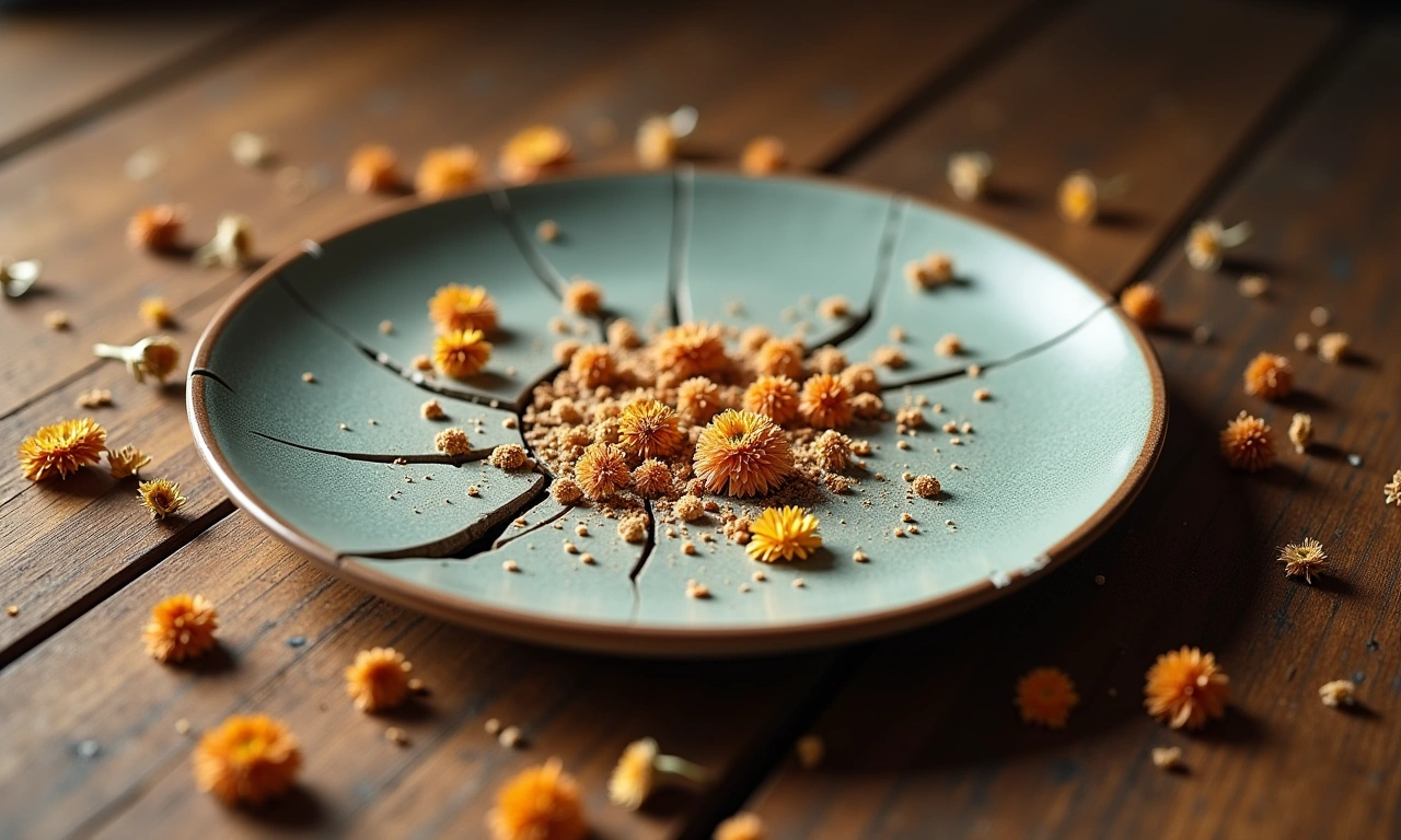 A shattered ceramic plate on a worn wooden floor, surrounded by scattered dried flowers, representing the breaking point when family solutions are insufficient., photorealistic, 8k, highly detailed, cinematic lighting