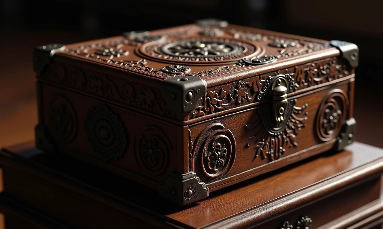 A tightly sealed antique wooden box with intricate carvings, representing hidden secrets and the difficulty of revealing abuse. Focus on shadows and textures., photorealistic, 8k, highly detailed, cinematic lighting