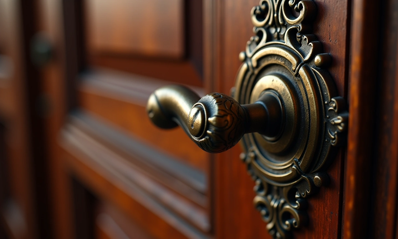 A closed, ornate wooden door with an antique brass handle, symbolizing barriers to seeking help. Focus on the details and textures of the door and handle., photorealistic, 8k, highly detailed, cinematic lighting