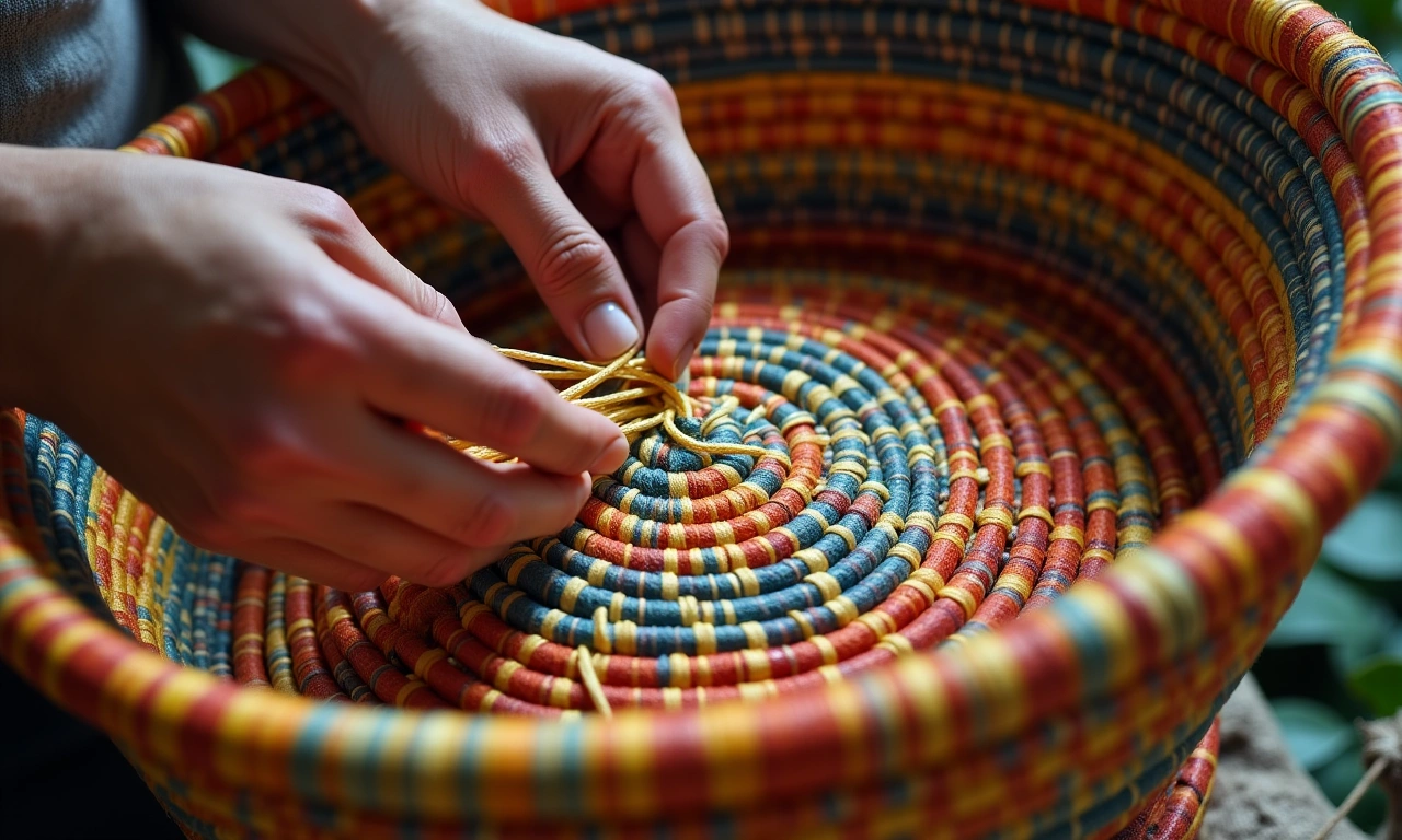 Close-up of hands weaving a traditional Haitian basket using colorful natural fibers, showcasing intricate patterns and textures., photorealistic, 8k, highly detailed, cinematic lighting