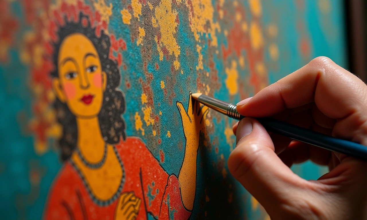 Hands carefully restoring a vibrant, old Haitian painting, highlighting the delicate brushstrokes and rich cultural symbolism., photorealistic, 8k, highly detailed, cinematic lighting