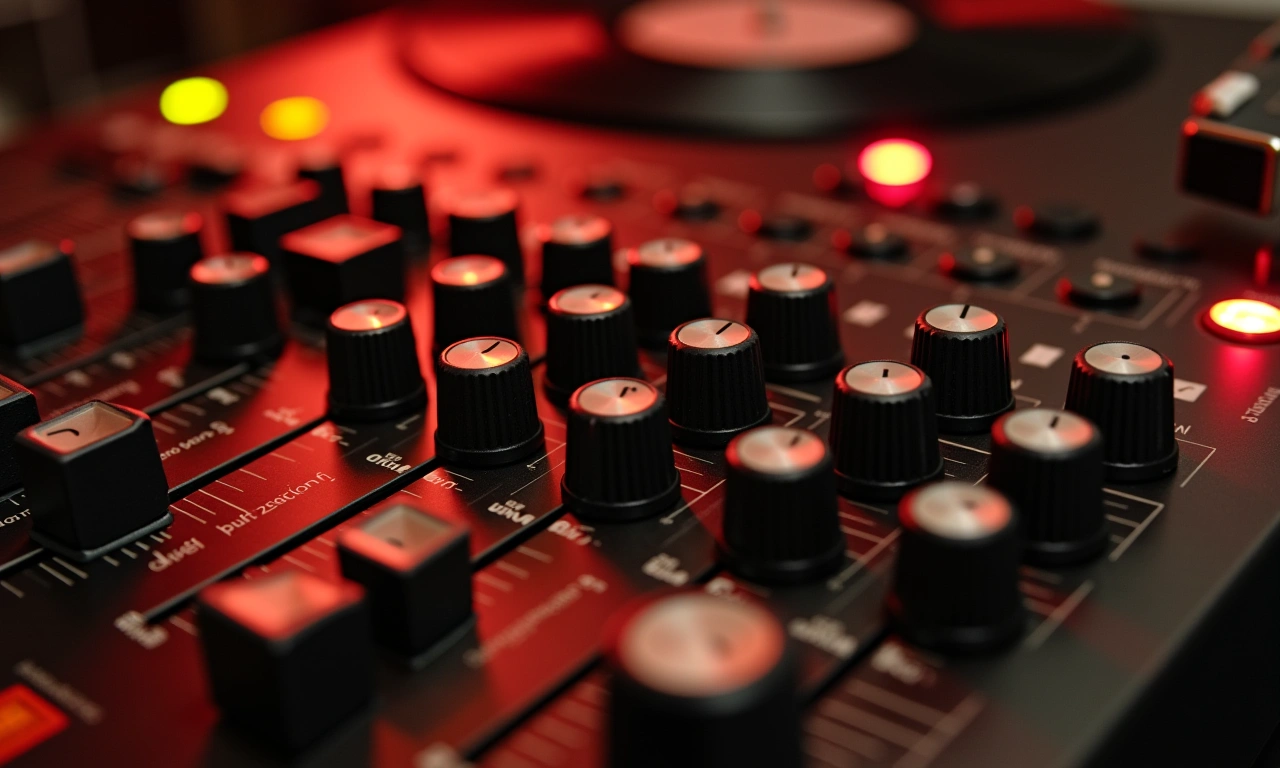 Close-up of a vintage mixing console with various knobs and sliders, bathed in the warm glow of studio lights, with a vinyl record sleeve partially visible in the background., photorealistic, 8k, highly detailed, cinematic lighting