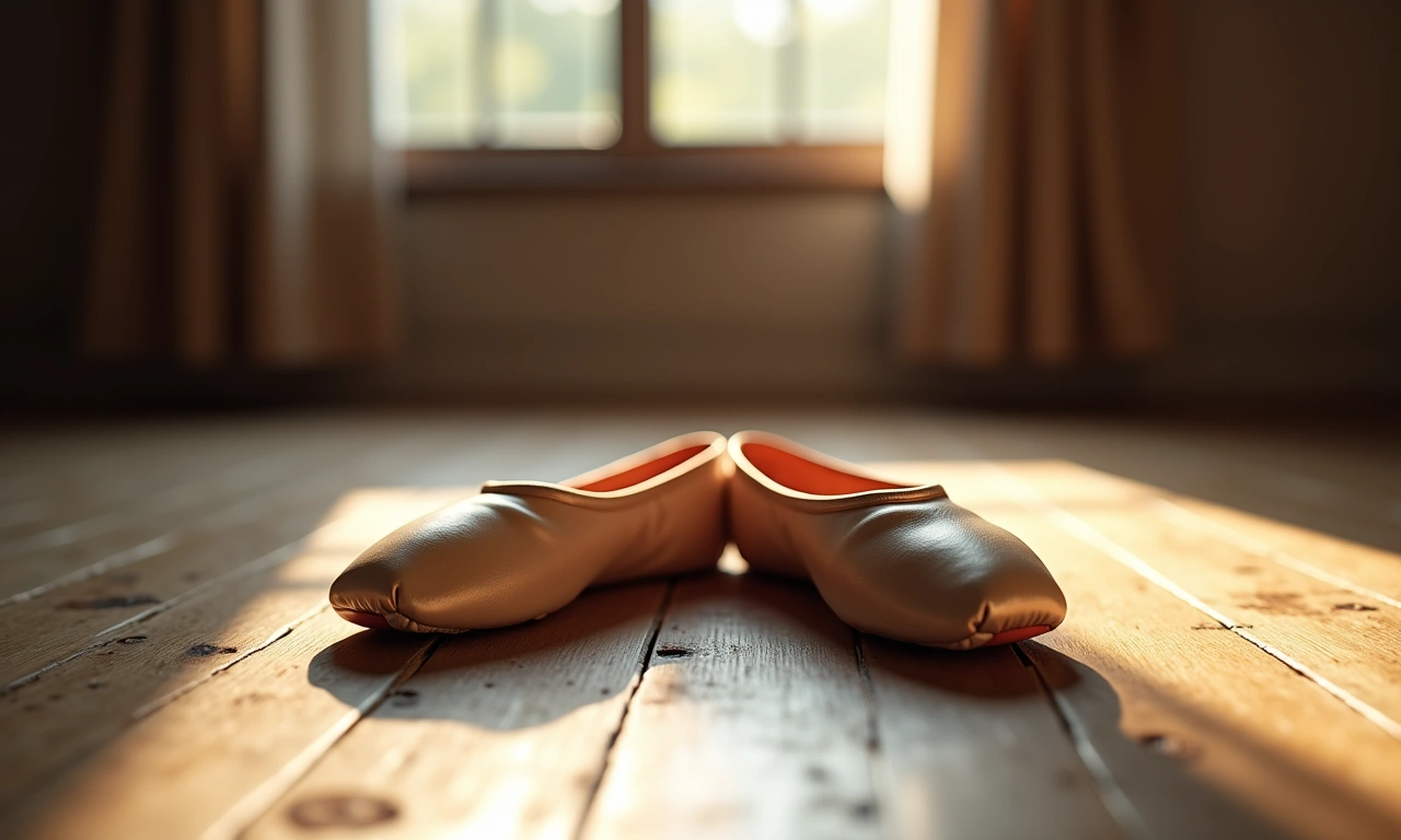 A worn pair of ballet slippers resting on a wooden dance floor, bathed in soft, natural light from a nearby window. Focus on the details of the worn fabric and the texture of the wood., photorealistic, 8k, highly detailed, cinematic lighting