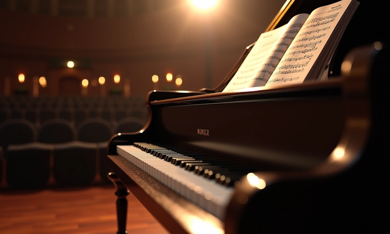 Close-up of a polished grand piano with sheet music resting on the stand, illuminated by a spotlight in a dimly lit concert hall. The focus should be on the keys and the musical notes., photorealistic, 8k, highly detailed, cinematic lighting