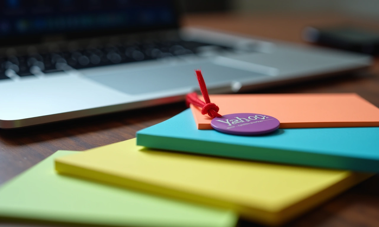 Close-up of organized desk: laptop, colorful sticky notes, and a Yahoo company badge., photorealistic, 8k, highly detailed, cinematic lighting