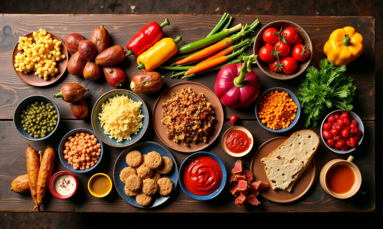 Overhead shot of a vibrant display of traditional Haitian food on a wooden table., photorealistic, 8k, highly detailed, cinematic lighting
