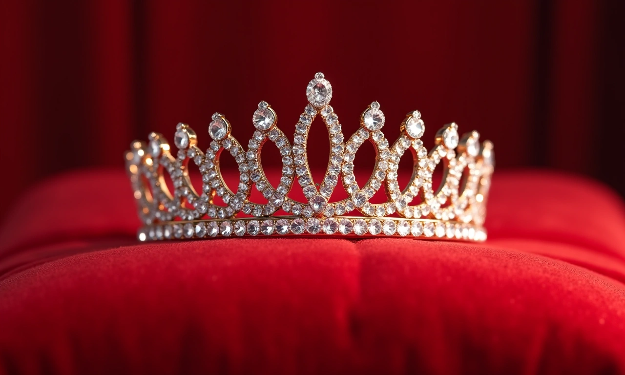 Close-up of a sparkling tiara on a red velvet cushion., photorealistic, 8k, highly detailed, cinematic lighting