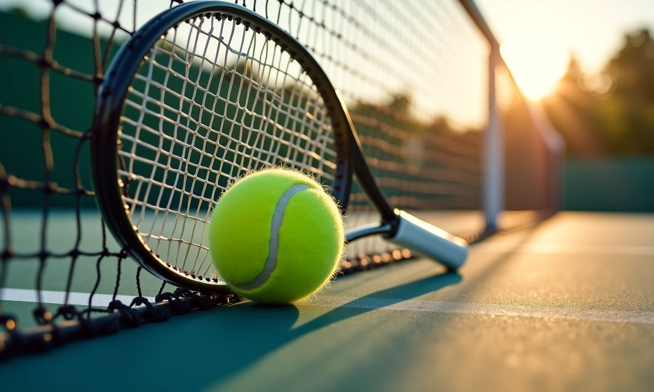 View of tennis racket resting against a net on a sunny day., photorealistic, 8k, highly detailed, cinematic lighting