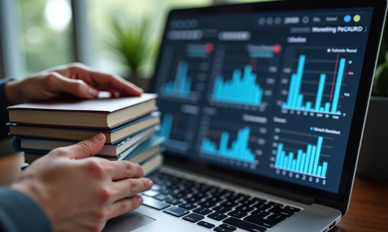 Close-up of hands holding a stack of psychology textbooks, with a laptop displaying research data in the background, selective focus., photorealistic, 8k, highly detailed, cinematic lighting