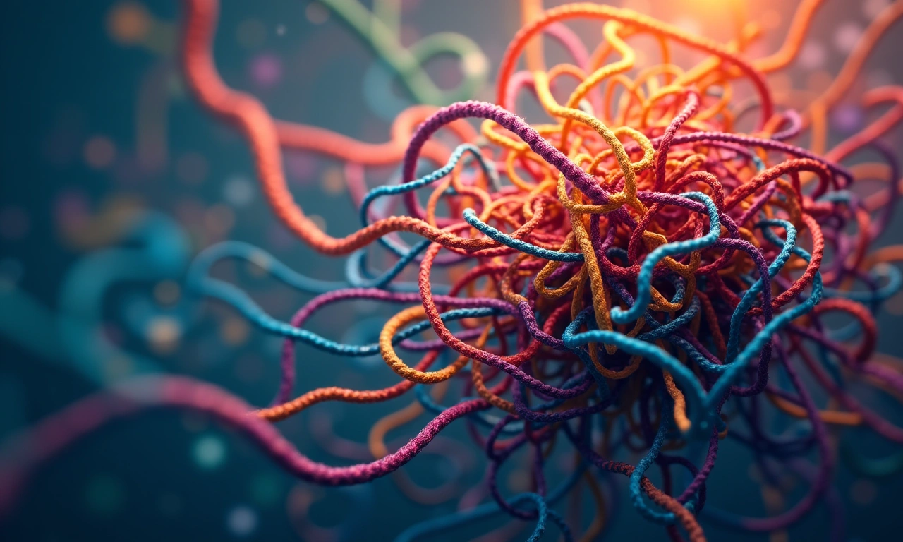 Abstract image of tangled threads of different colors representing the complexities of mental health, with a single thread highlighted, slightly out of focus., photorealistic, 8k, highly detailed, cinematic lighting