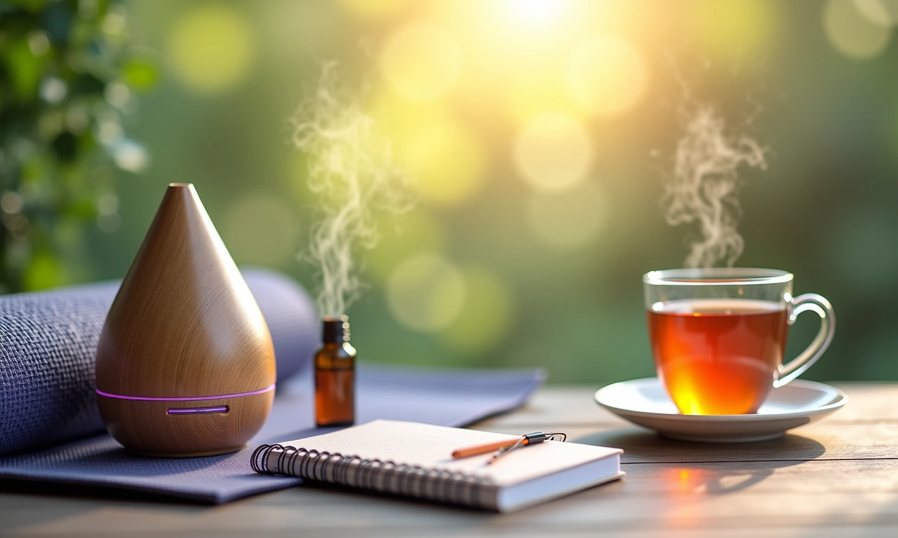 A blurred background featuring various wellness items such as a yoga mat, aromatherapy diffuser, journal, and a cup of herbal tea, photorealistic, 8k, highly detailed, cinematic lighting