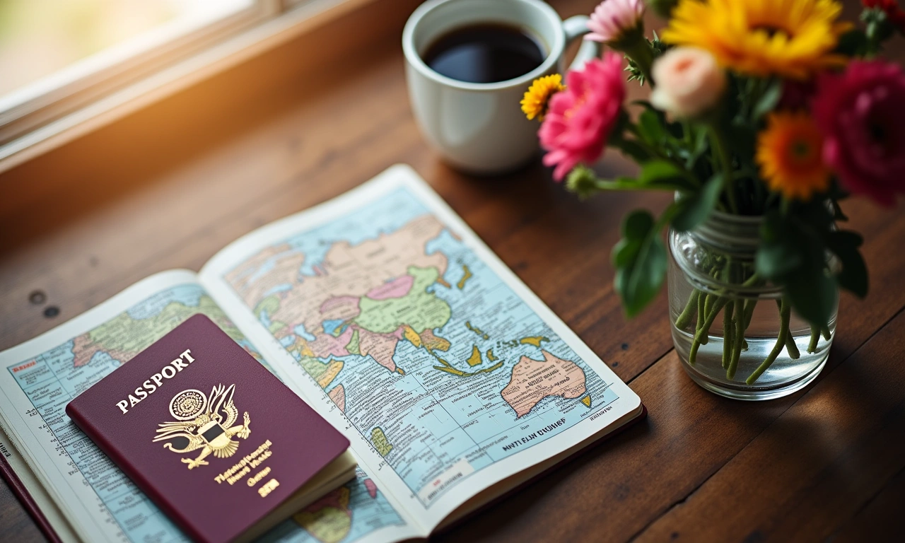 Overhead shot of a passport and a travel journal on a wooden table next to a cup of coffee and a bouquet of flowers, bathed in soft, natural light., photorealistic, 8k, highly detailed, cinematic lighting