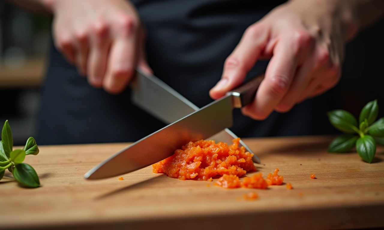 Close-up of hands meticulously executing classical French culinary techniques, such as knife skills, with a focus on precision and detail., photorealistic, 8k, highly detailed, cinematic lighting