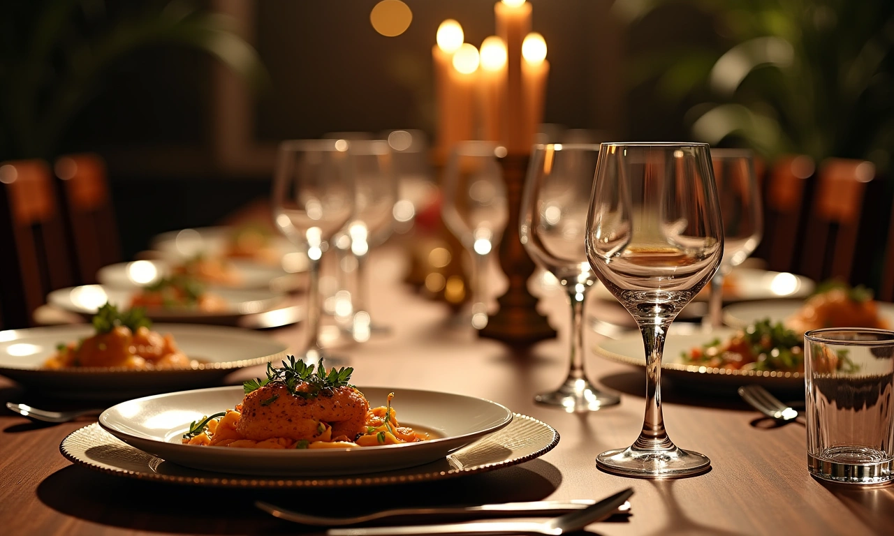 An elegantly set dining table with impeccably plated dishes, fine china, and crystal glassware, illuminated by soft, ambient lighting, showcasing culinary artistry., photorealistic, 8k, highly detailed, cinematic lighting