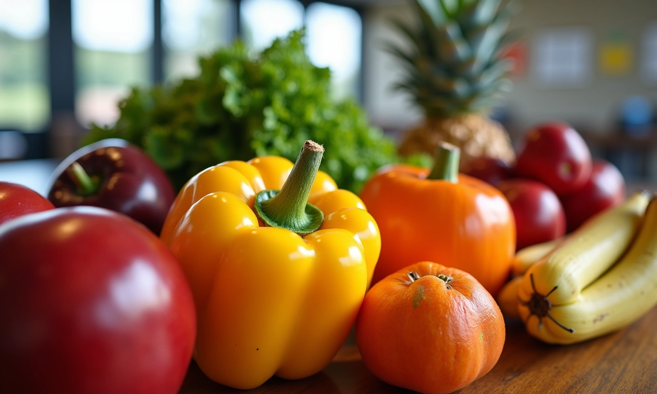 A colorful array of fresh, healthy fruits and vegetables arranged on a school cafeteria table, symbolizing access to nutritious meals for children., photorealistic, 8k, highly detailed, cinematic lighting
