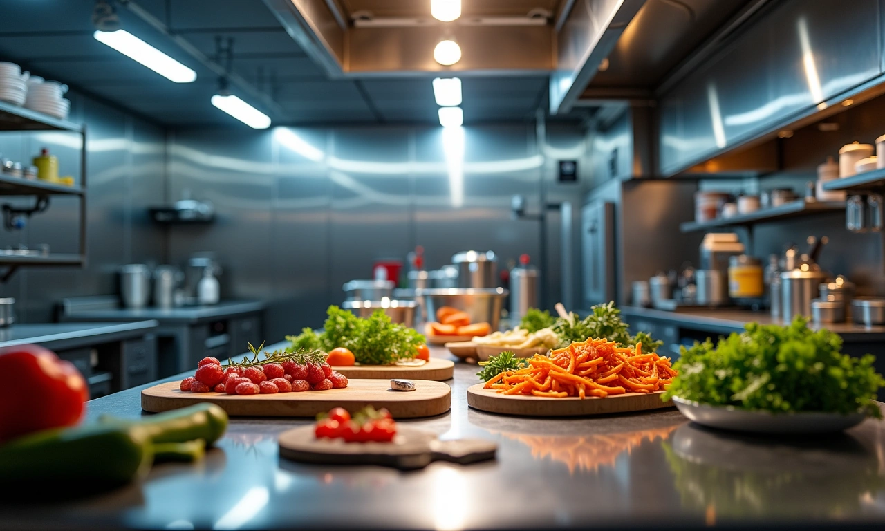 A professional kitchen, stainless steel gleaming under bright lights, with various cooking tools and ingredients artfully arranged, suggesting culinary competition and high-pressure environments., photorealistic, 8k, highly detailed, cinematic lighting