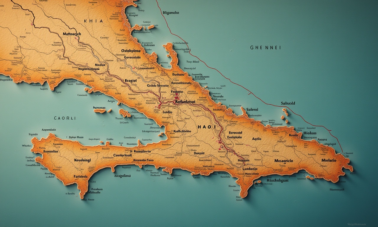 Vintage map of Haiti, highlighting Port-au-Prince and possible sea routes from China, suggesting a journey, top-down perspective., photorealistic, 8k, highly detailed, cinematic lighting