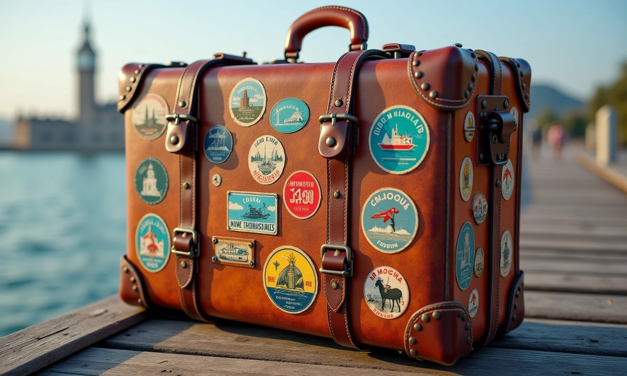 Old, worn leather luggage with travel stickers from various locations, placed on a wooden pier, suggesting a long journey., photorealistic, 8k, highly detailed, cinematic lighting
