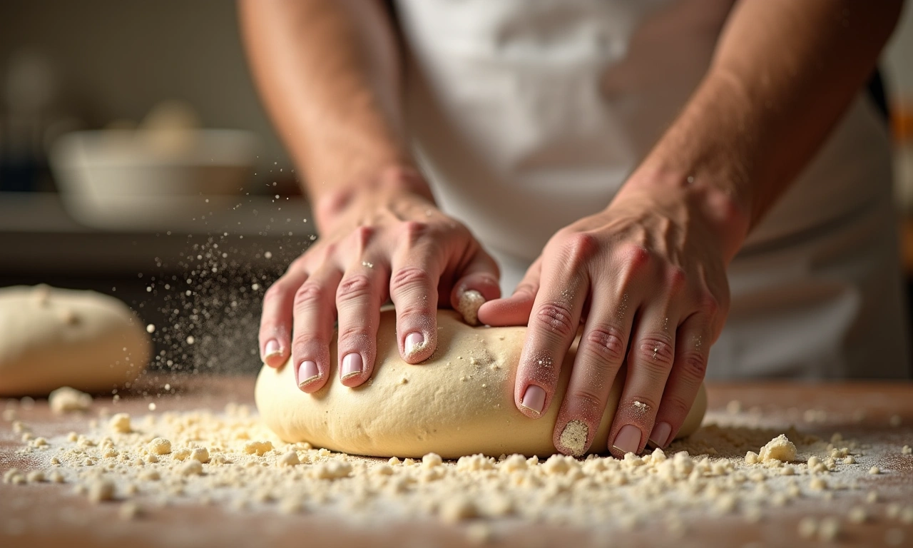 Hands kneading dough in a brightly lit bakery, flour dust in the air, suggesting the beginnings of a family business., photorealistic, 8k, highly detailed, cinematic lighting