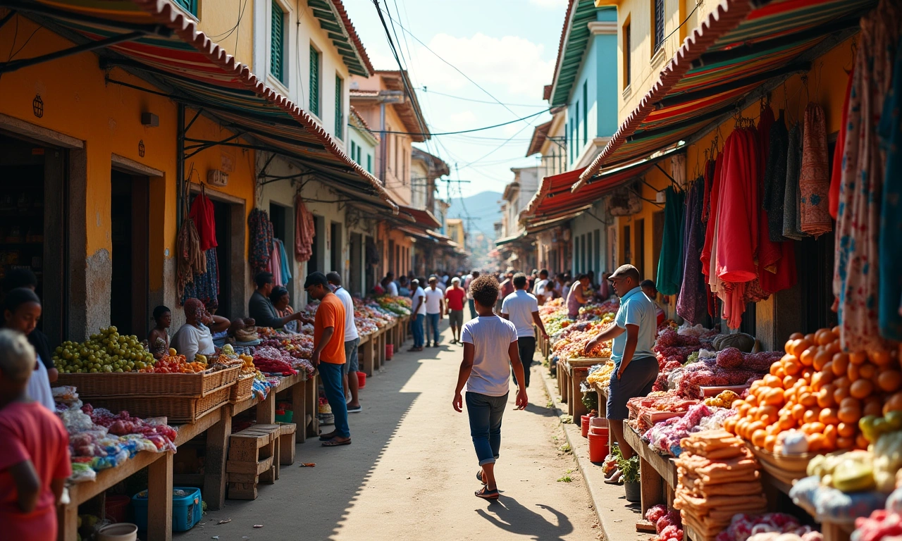 A bustling marketplace in Port-au-Prince's Grand Rue, filled with colorful fabrics, produce, and various goods, shot from an elevated angle to capture the street's activity., photorealistic, 8k, highly detailed, cinematic lighting