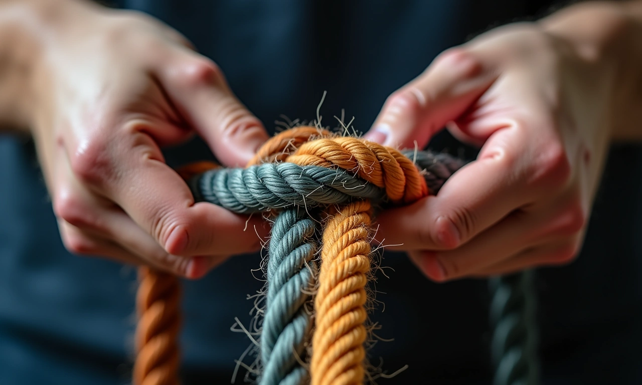 Close-up of hands braiding a thick rope from multiple strands of different colors, symbolizing the weaving together of cultures and experiences., photorealistic, 8k, highly detailed, cinematic lighting