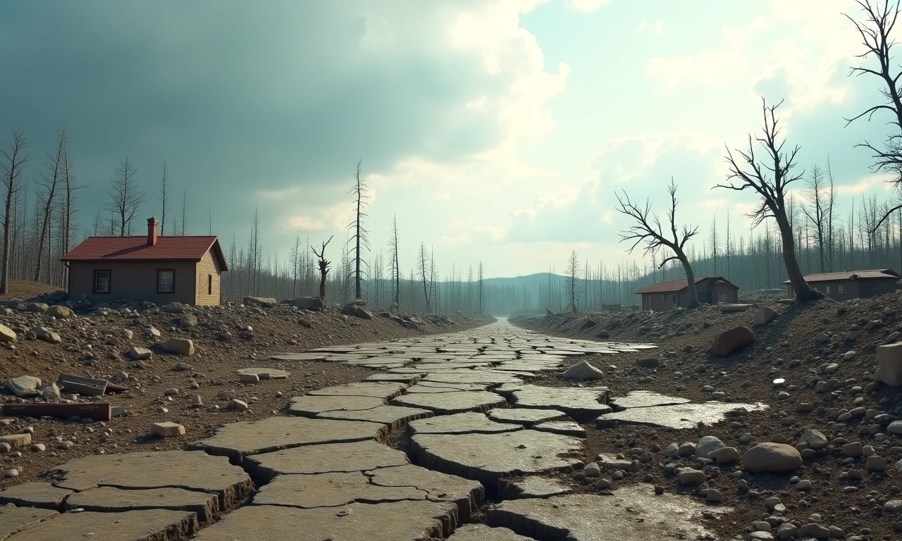 A desolate landscape showing debris scattered across cracked earth, hinting at damaged houses and fallen trees after a hurricane., photorealistic, 8k, highly detailed, cinematic lighting