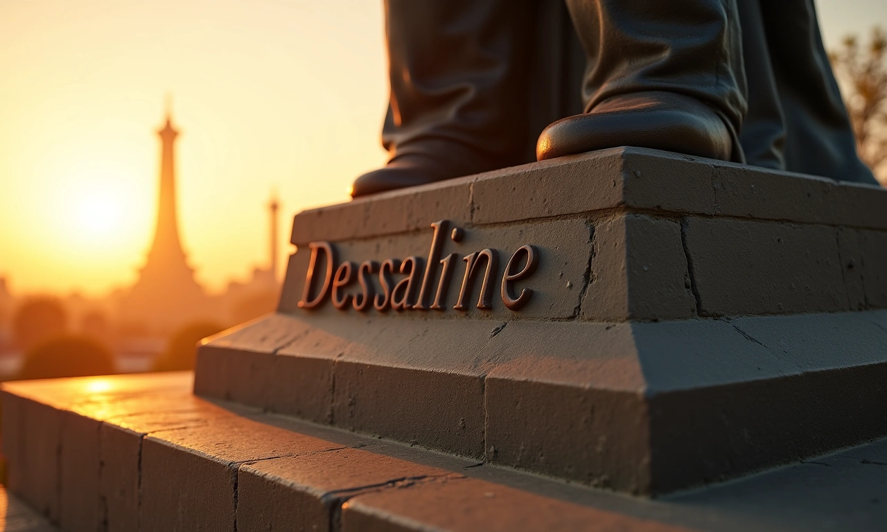 A wide, low-angle shot of the worn base of a statue, with the name 'Dessalines' inscribed, bathed in the warm light of dawn., photorealistic, 8k, highly detailed, cinematic lighting