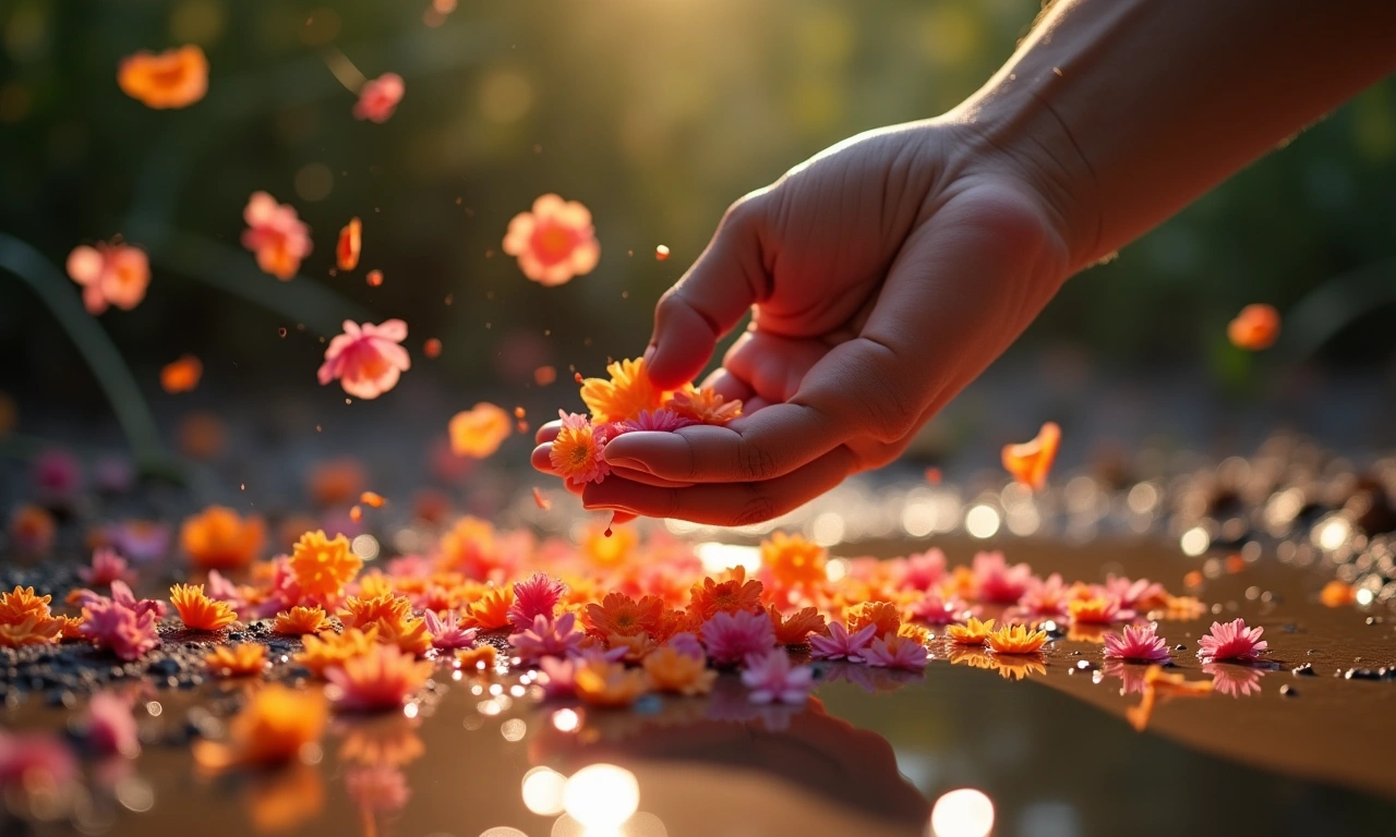 A hand scattering flower petals on a puddle of mud., photorealistic, 8k, highly detailed, cinematic lighting