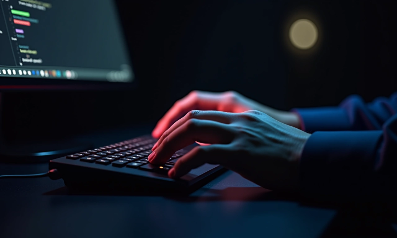 Hands working late at night, illuminated by the glow of a computer screen., photorealistic, 8k, highly detailed, cinematic lighting