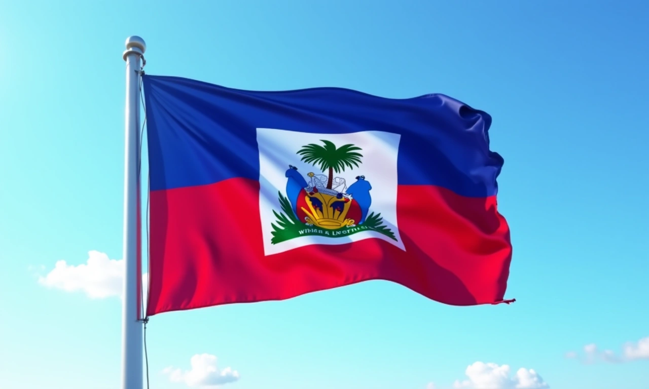 A tattered Haitian flag waving strongly against a vibrant blue sky, symbolizing freedom and resilience., photorealistic, 8k, highly detailed, cinematic lighting