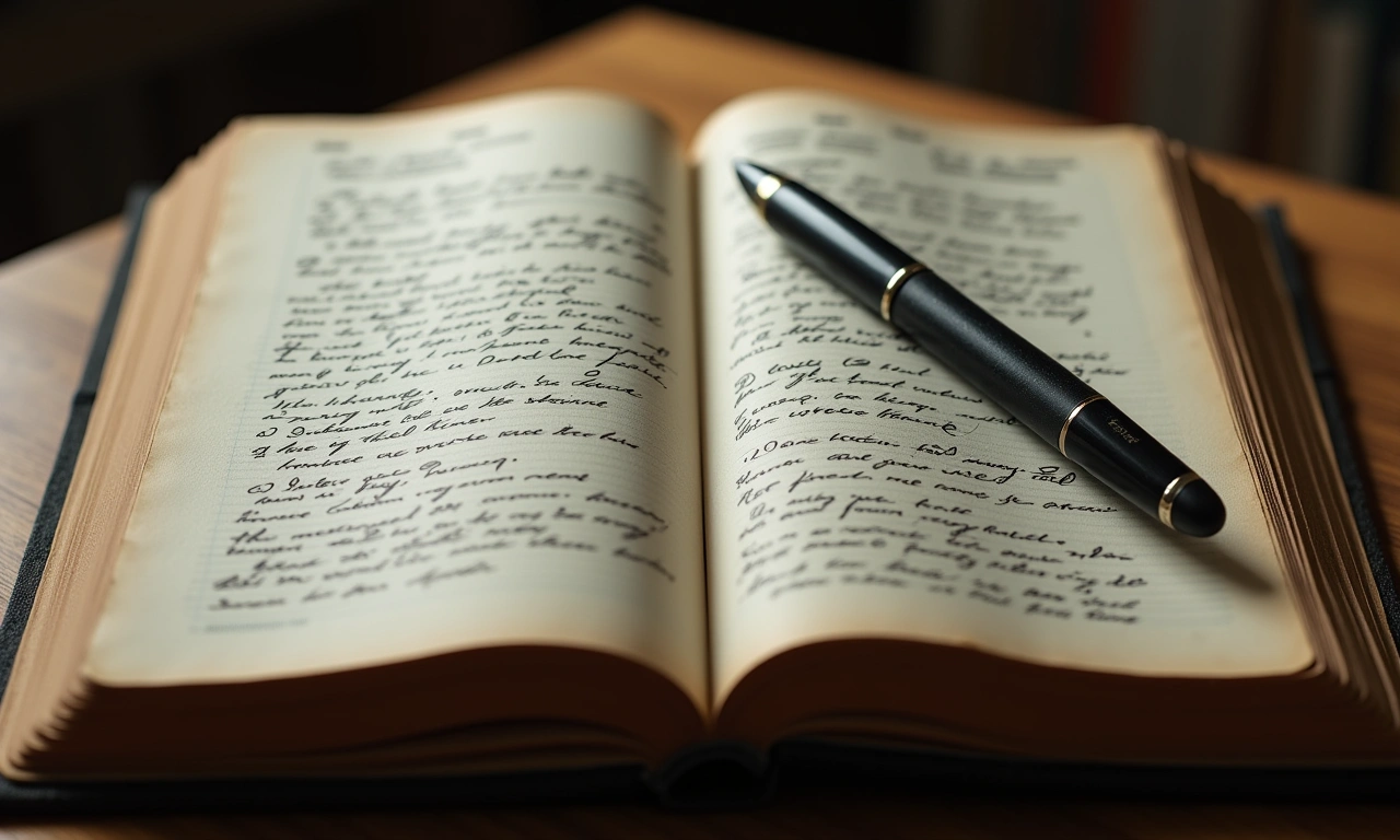 A worn notebook with a pen resting on its open pages, filled with handwritten notes and crossed-out words., photorealistic, 8k, highly detailed, cinematic lighting