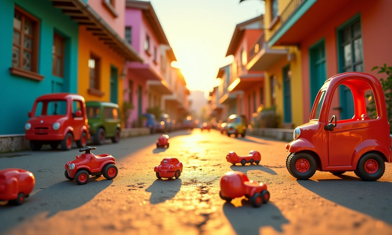 A sunlit street scene in a vibrant, colorful neighborhood, showing children's toys scattered on the pavement, implying a shared space., photorealistic, 8k, highly detailed, cinematic lighting