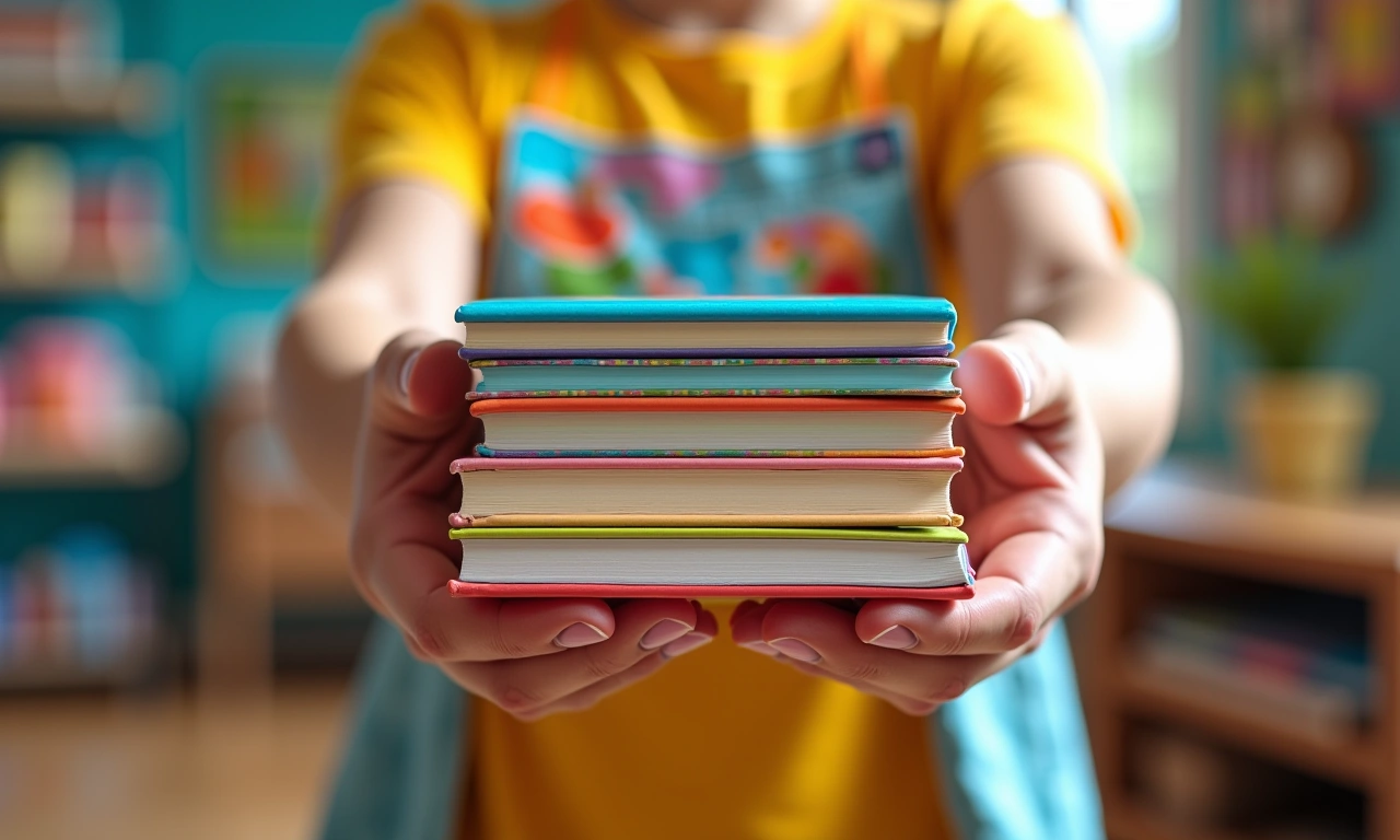 Hands holding a stack of children's books, colorful and inviting, against the backdrop of a vibrant community center., photorealistic, 8k, highly detailed, cinematic lighting