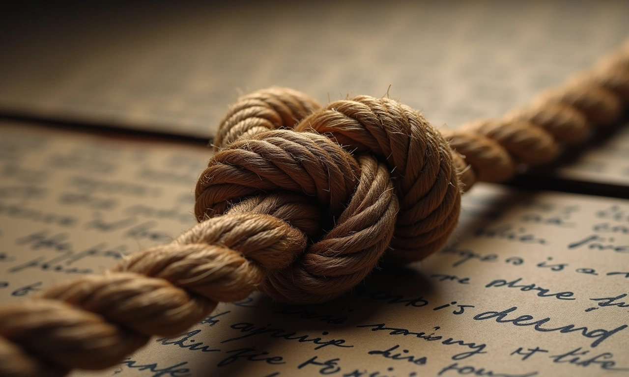 Close-up of knotted rope, each knot representing a life, set against a backdrop of historical documents., photorealistic, 8k, highly detailed, cinematic lighting