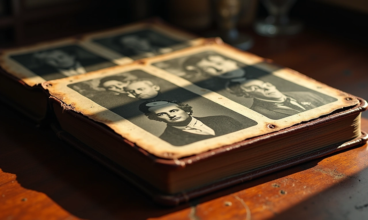 An old, leather-bound family photo album open on a table, sunlight streaming across aged photographs., photorealistic, 8k, highly detailed, cinematic lighting