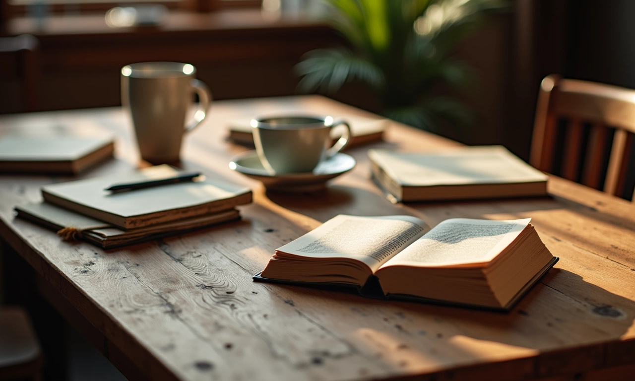 A wooden dining table with scattered books, notebooks, and a half-empty coffee cup, suggesting a space for conversation and learning., photorealistic, 8k, highly detailed, cinematic lighting