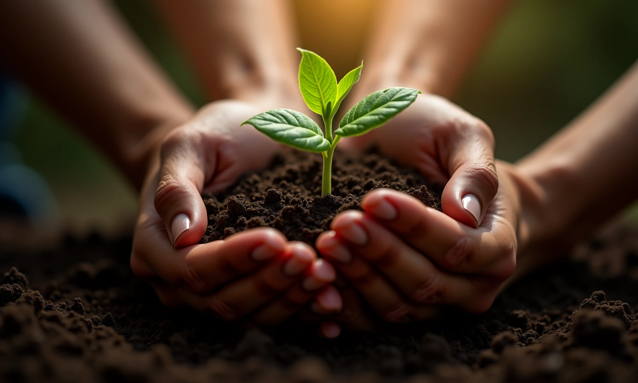 Close up of hands planting a seedling in rich soil, symbolizing growth and nurturing inner qualities., photorealistic, 8k, highly detailed, cinematic lighting