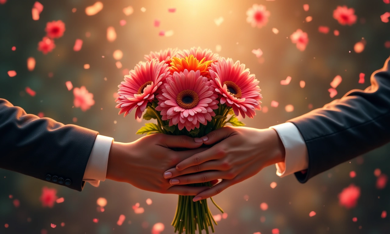 A pair of hands holding a bouquet of flowers, confetti falling around them, suggesting a moment of celebration and victory., photorealistic, 8k, highly detailed, cinematic lighting