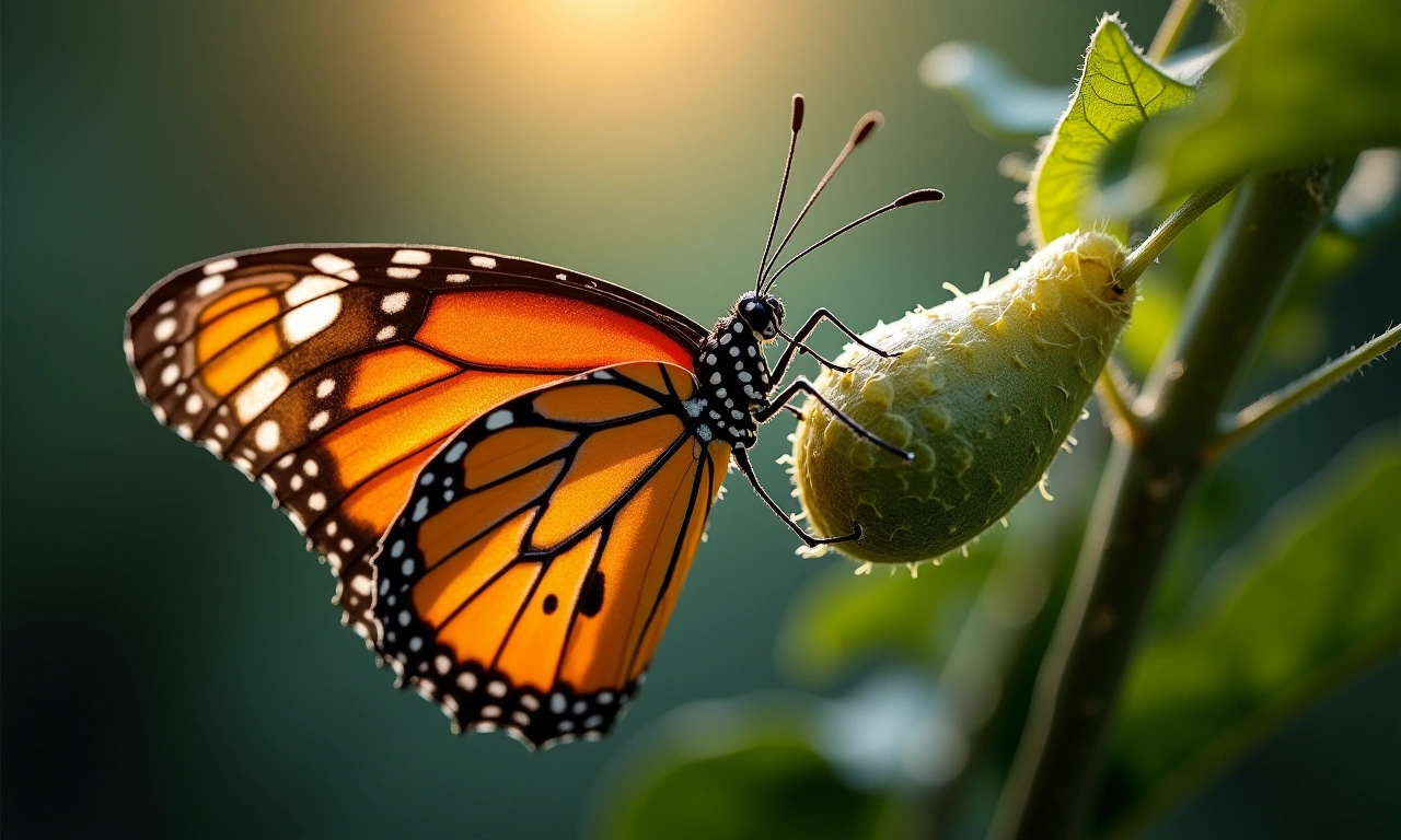 Close-up of a butterfly emerging from its chrysalis, symbolizing transformation and continuous change., photorealistic, 8k, highly detailed, cinematic lighting