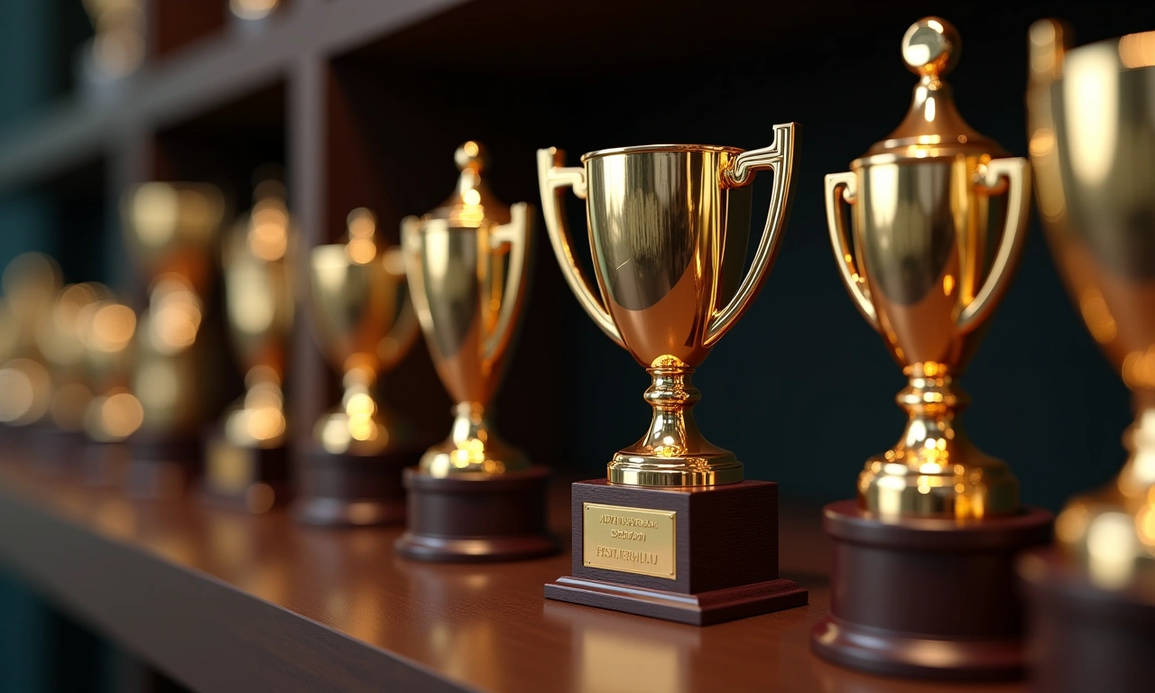 Close up shot of several trophies, each with unique shapes and sizes, displayed on a shelf, conveying diverse achievements and goals., photorealistic, 8k, highly detailed, cinematic lighting