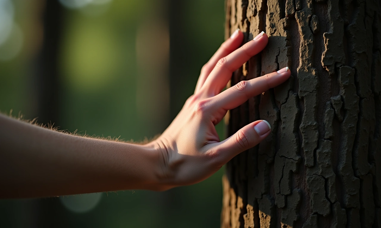 Close-up of a hand gently touching a textured tree bark, symbolizing the acceptance of natural imperfections., photorealistic, 8k, highly detailed, cinematic lighting
