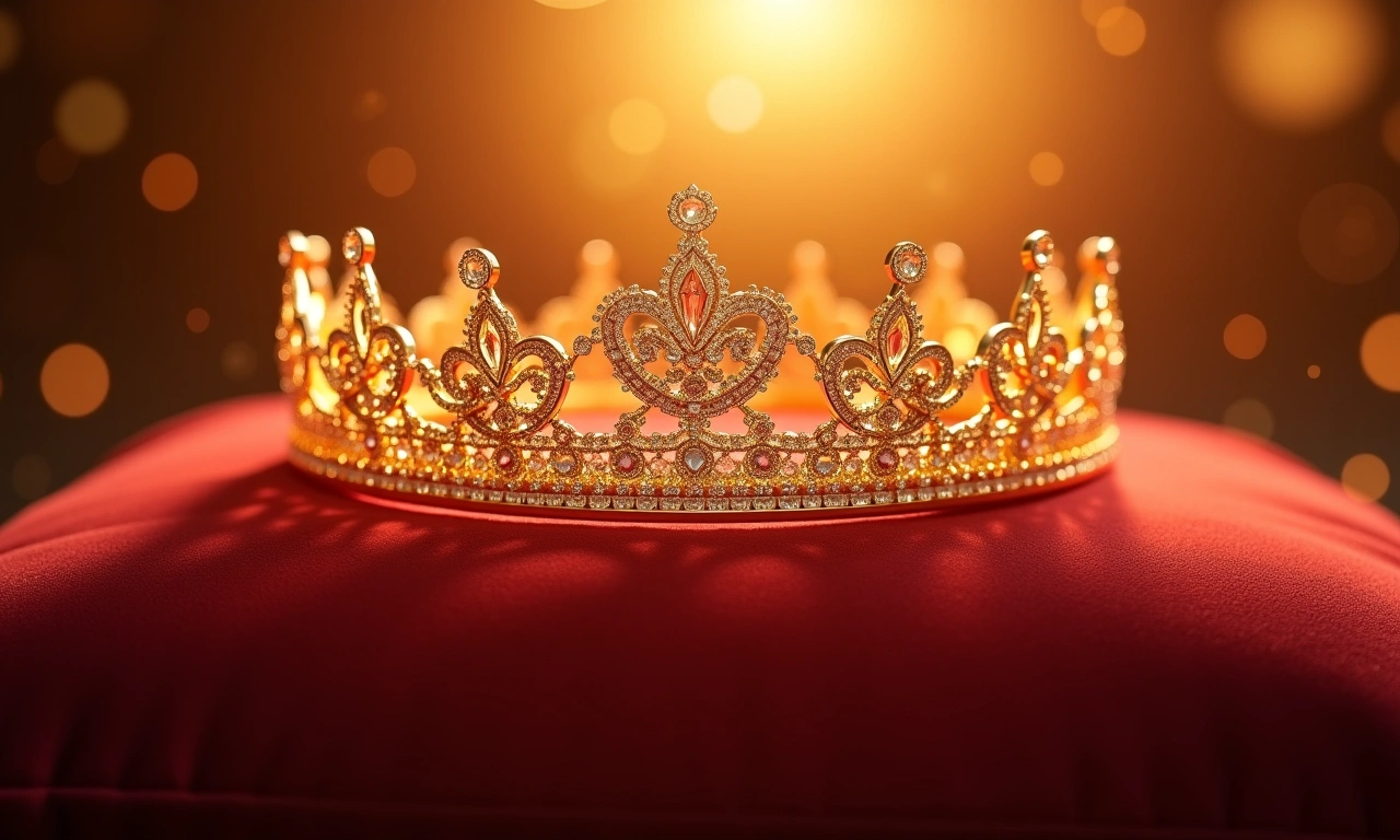 Wide shot of a sparkling crown on a velvet pillow, bathed in soft golden light., photorealistic, 8k, highly detailed, cinematic lighting