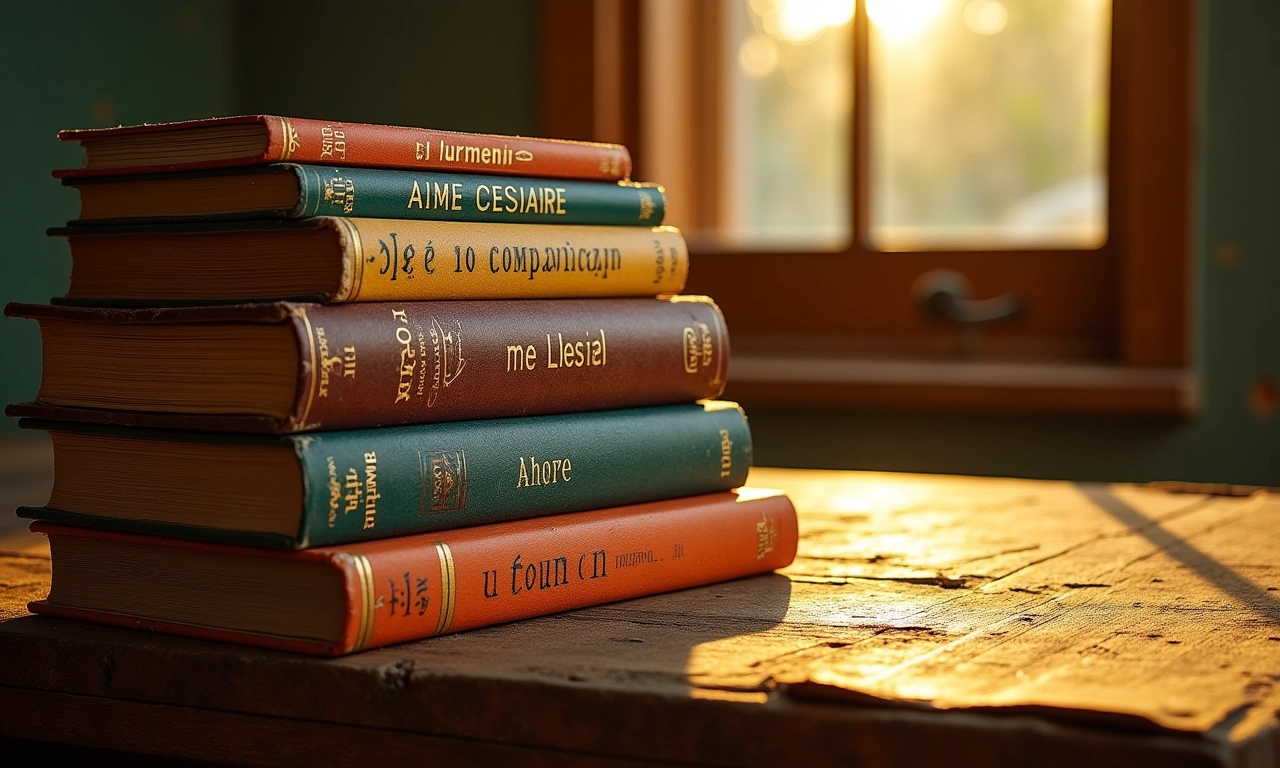 Stack of old, worn books with titles by Aimé Césaire and Frankétienne, with handwritten notes in the margins, bathed in warm Caribbean sunlight., photorealistic, 8k, highly detailed, cinematic lighting
