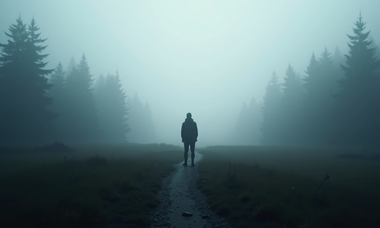 A single silhouetted figure standing at a crossroads, with paths diverging into dense fog and obscured landscapes., photorealistic, 8k, highly detailed, cinematic lighting