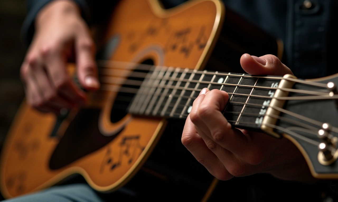 Close-up of calloused fingers masterfully playing a vintage resonator guitar, set against a backdrop of worn leather and musical notes., photorealistic, 8k, highly detailed, cinematic lighting