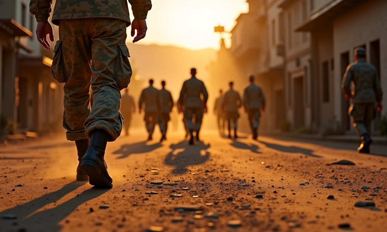 Military boots marching in unison through a dusty town square, casting long shadows at dusk., photorealistic, 8k, highly detailed, cinematic lighting