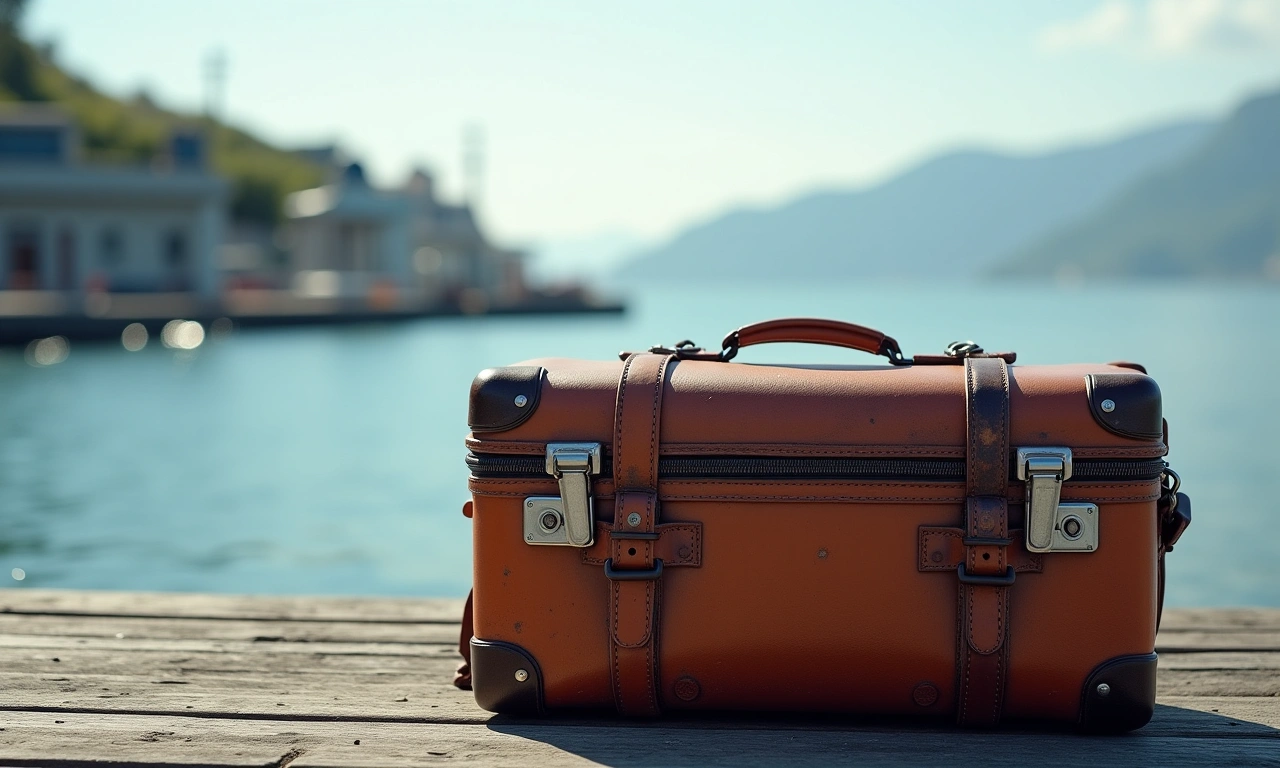 Worn luggage sitting on a dock, awaiting transport, with a blurred coastline in the background., photorealistic, 8k, highly detailed, cinematic lighting