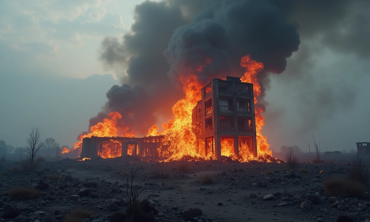 Burnt remnants of a building, with smoke still rising against a grey sky., photorealistic, 8k, highly detailed, cinematic lighting